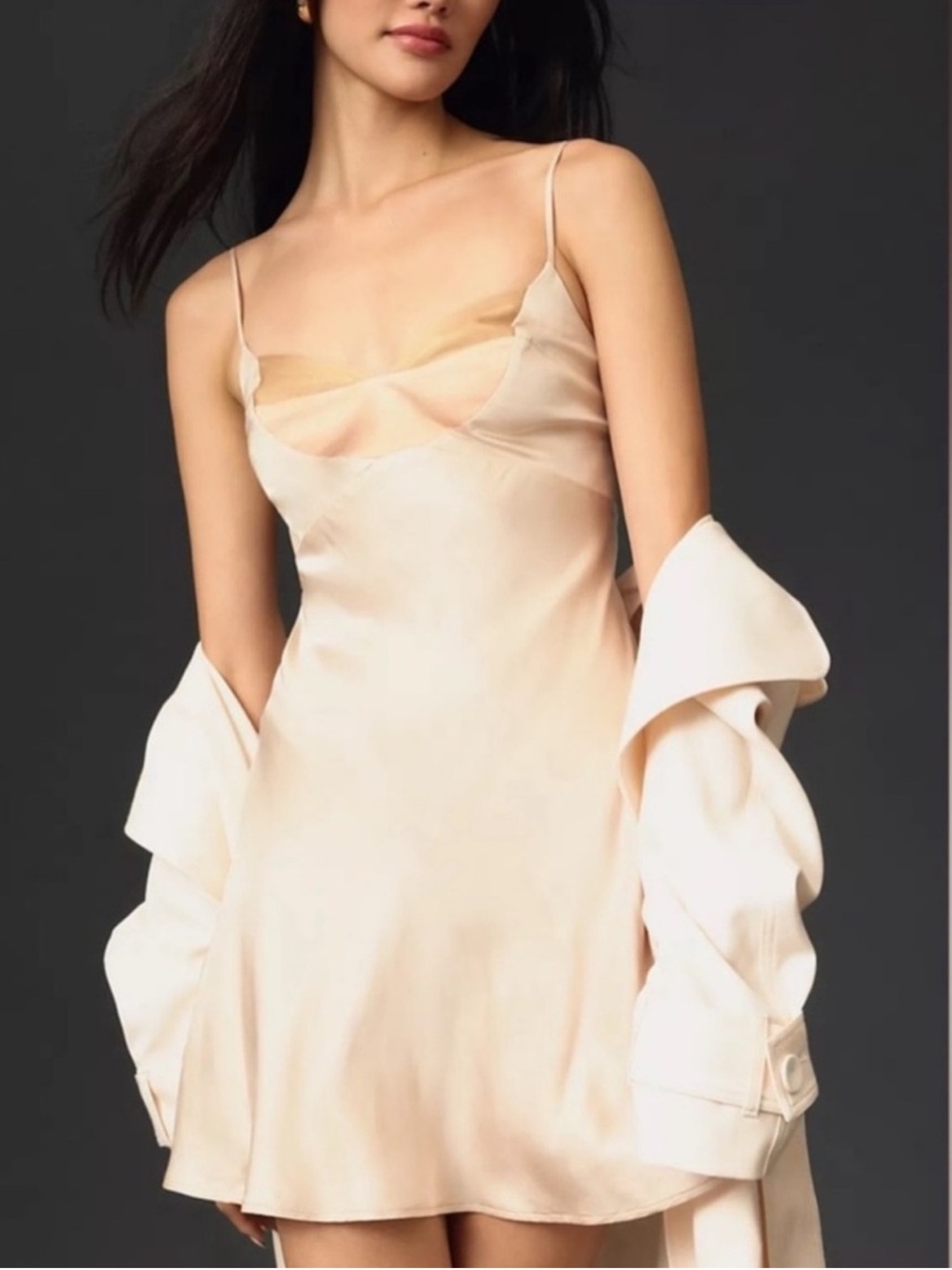 Anthropologie Champagne Satin Open Back Slip Mini Dress 90s Size Medium